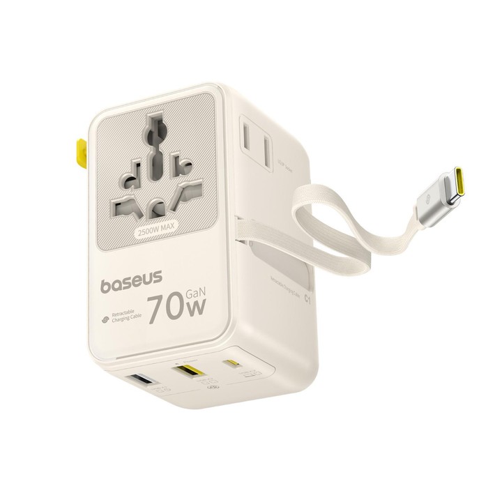 Baseus EnerCore CG11 70W Converter Travel Universal Adapter with Type-C Retractable Cable(Beige)