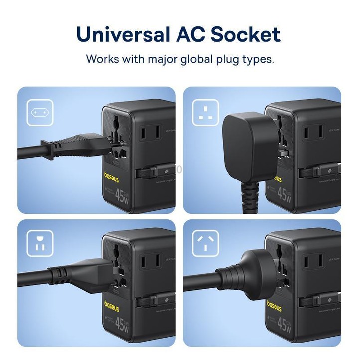 Baseus PicoGo AG11 45W Converter Travel Universal Adapter with Type-C Retractable Cable(Black)