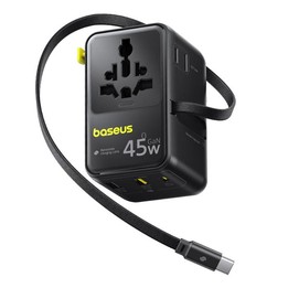 Baseus PicoGo AG11 45W Converter Travel Universal Adapter with Type-C Retractable Cable(Black)