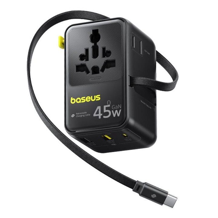 Baseus PicoGo AG11 45W Converter Travel Universal Adapter with Type-C Retractable Cable(Black)