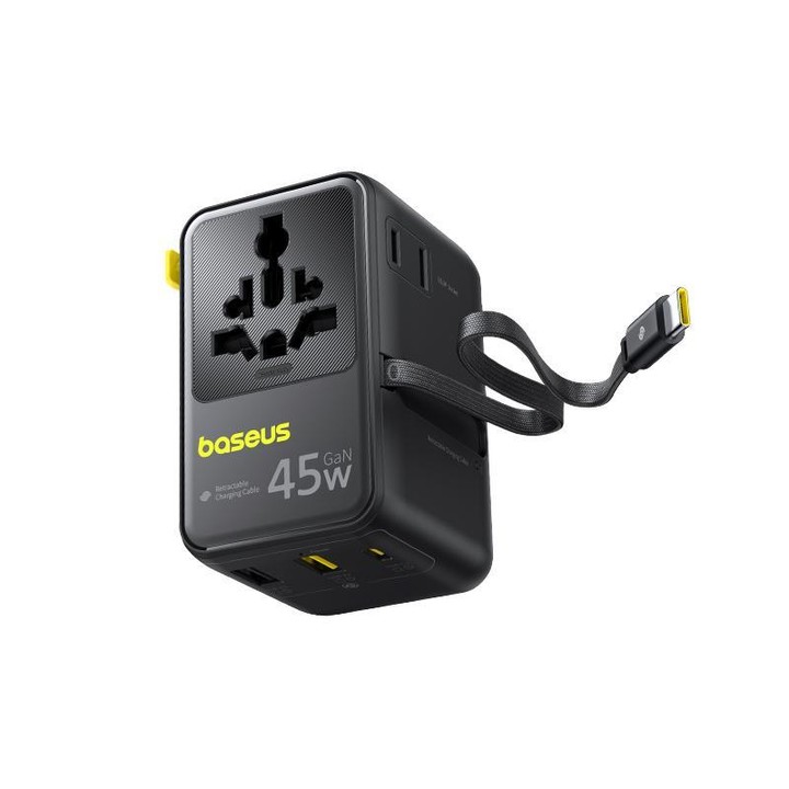 Baseus PicoGo AG11 45W Converter Travel Universal Adapter with Type-C Retractable Cable(Black)