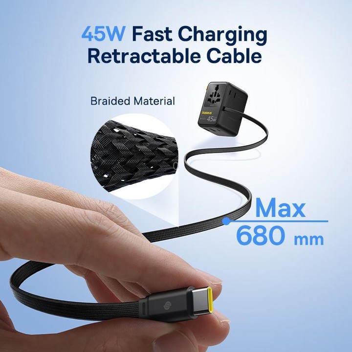Baseus PicoGo AG11 45W Converter Travel Universal Adapter with Type-C Retractable Cable(Black)