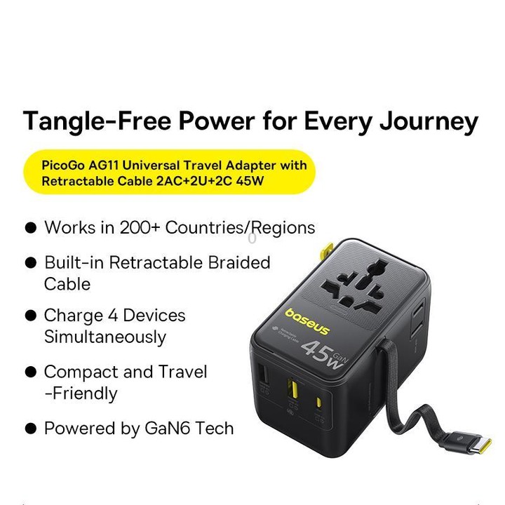 Baseus PicoGo AG11 45W Converter Travel Universal Adapter with Type-C Retractable Cable(Black)