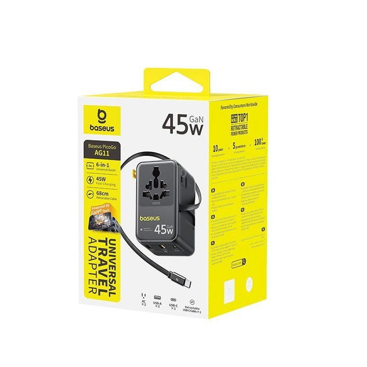 Baseus PicoGo AG11 45W Converter Travel Universal Adapter with Type-C Retractable Cable(Black)
