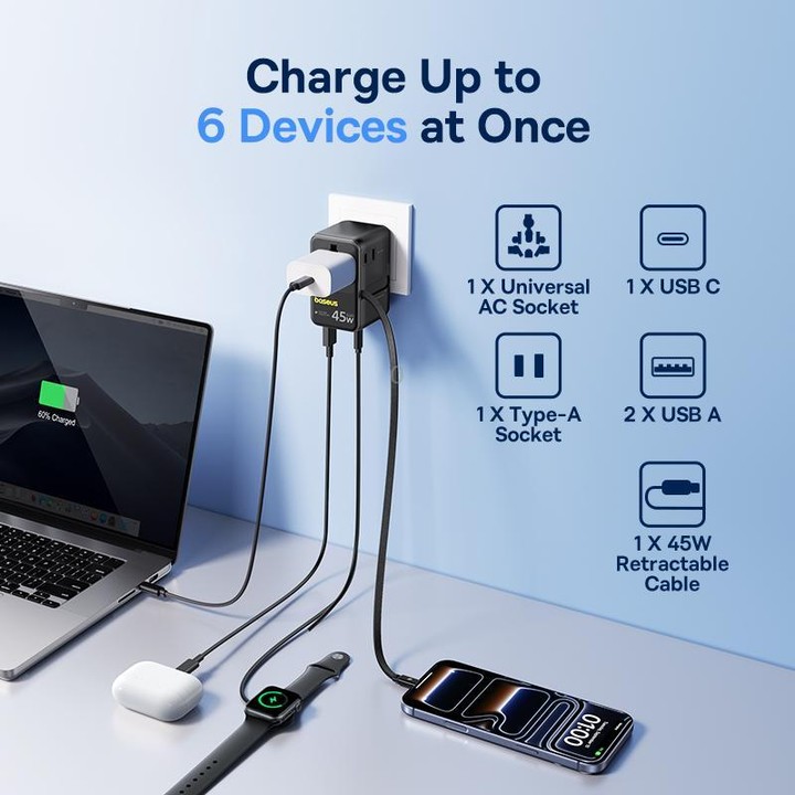 Baseus PicoGo AG11 45W Converter Travel Universal Adapter with Type-C Retractable Cable(Black)