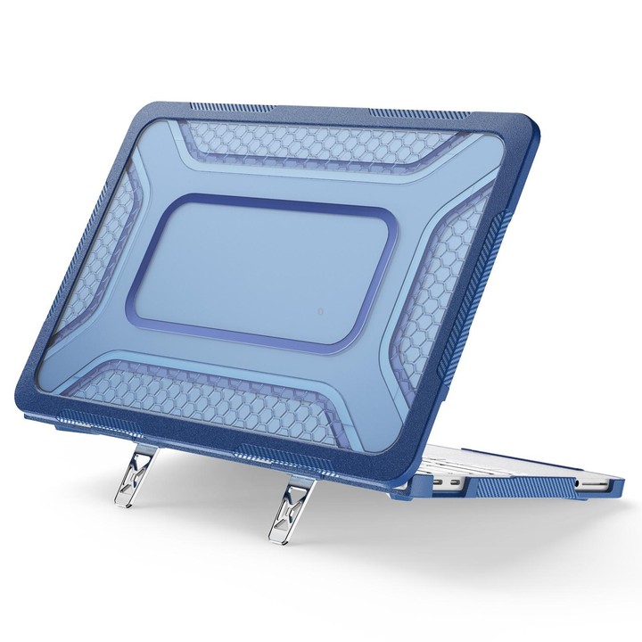 For MacBook Neo 13 inch 2026 A18 Pro A3404 PC Hybrid TPU Honeycomb Metal Stand Laptop Protective Case(Navy Blue)