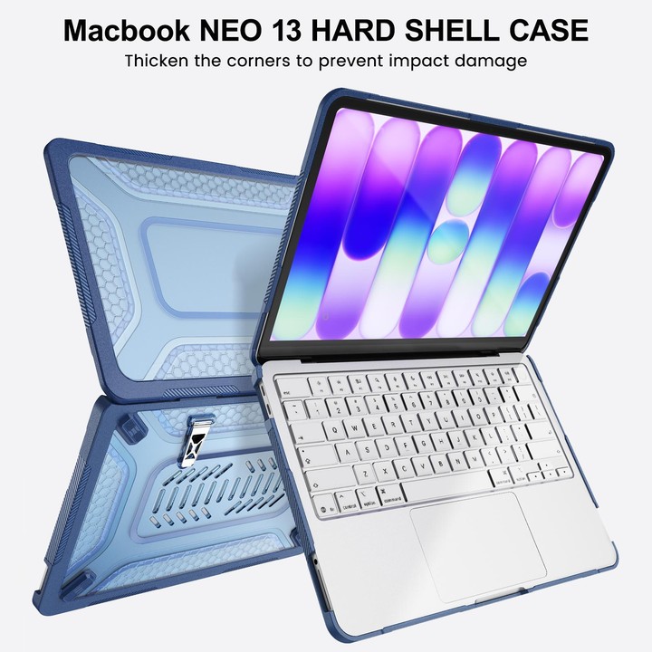 For MacBook Neo 13 inch 2026 A18 Pro A3404 PC Hybrid TPU Honeycomb Metal Stand Laptop Protective Case(Navy Blue)