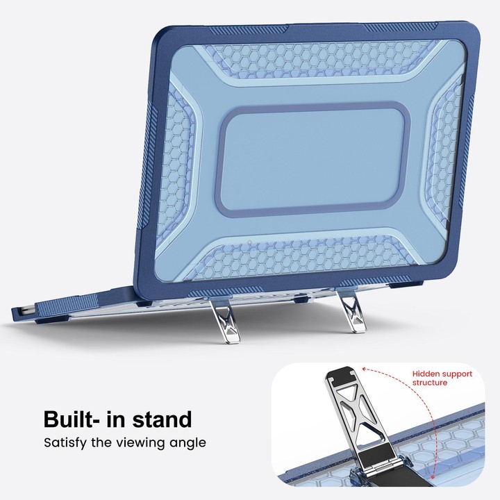 For MacBook Neo 13 inch 2026 A18 Pro A3404 PC Hybrid TPU Honeycomb Metal Stand Laptop Protective Case(Navy Blue)