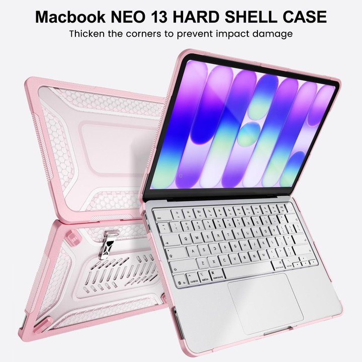 For MacBook Neo 13 inch 2026 A18 Pro A3404 PC Hybrid TPU Honeycomb Metal Stand Laptop Protective Case(Pink)
