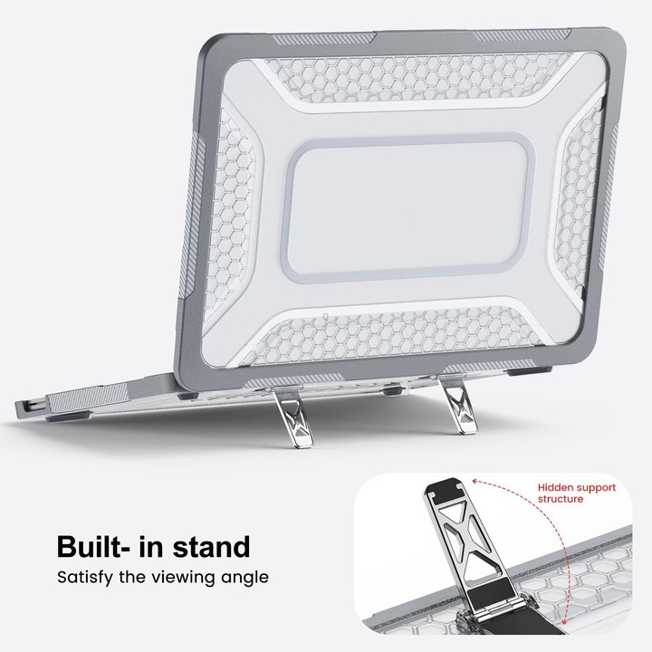 For MacBook Neo 13 inch 2026 A18 Pro A3404 PC Hybrid TPU Honeycomb Metal Stand Laptop Protective Case(Grey)