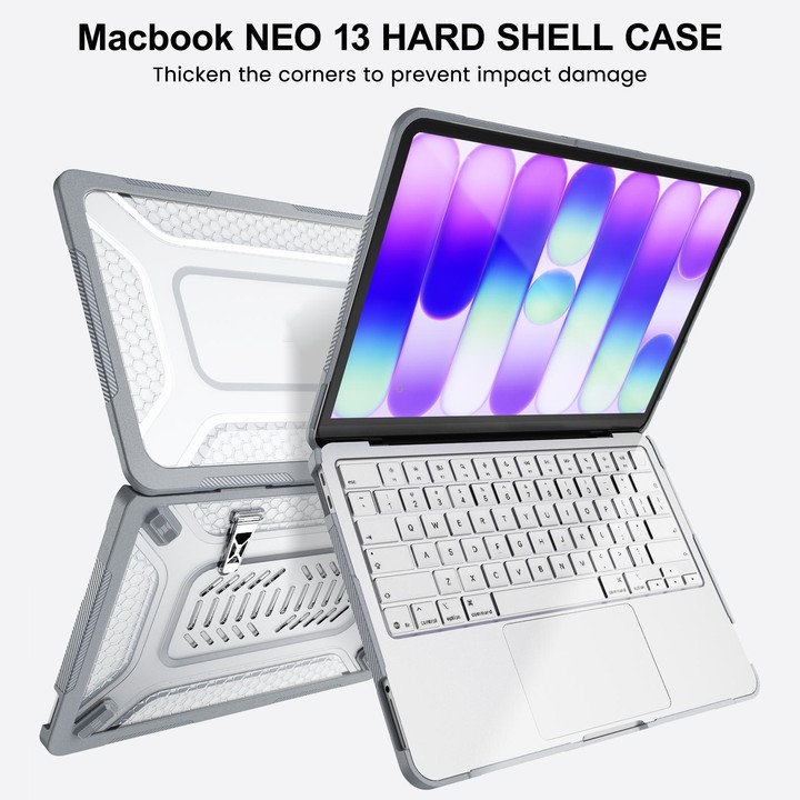 For MacBook Neo 13 inch 2026 A18 Pro A3404 PC Hybrid TPU Honeycomb Metal Stand Laptop Protective Case(Grey)