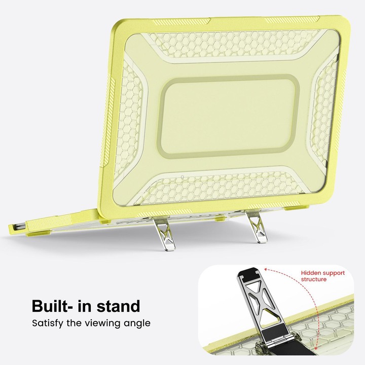 For MacBook Neo 13 inch 2026 A18 Pro A3404 PC Hybrid TPU Honeycomb Metal Stand Laptop Protective Case(Lemon Yellow)