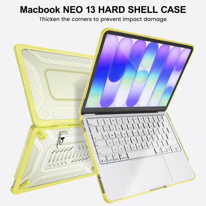 For MacBook Neo 13 inch 2026 A18 Pro A3404 PC Hybrid TPU Honeycomb Metal Stand Laptop Protective Case(Lemon Yellow)