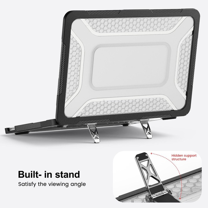 For MacBook Neo 13 inch 2026 A18 Pro A3404 PC Hybrid TPU Honeycomb Metal Stand Laptop Protective Case(Transparent Black)