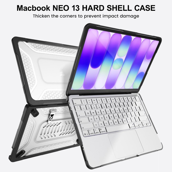 For MacBook Neo 13 inch 2026 A18 Pro A3404 PC Hybrid TPU Honeycomb Metal Stand Laptop Protective Case(Transparent Black)
