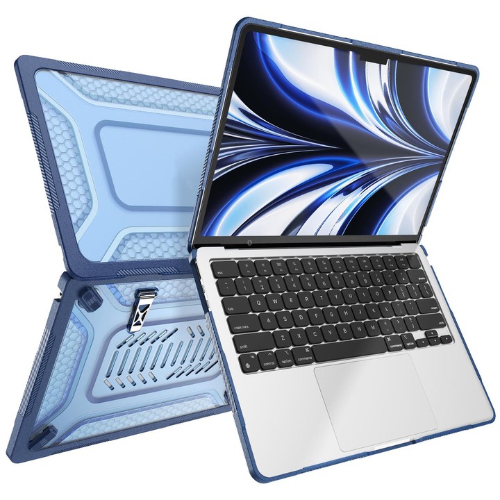 For MacBook Air 13.6 inch 2022/2024/2025/2026 PC Hybrid TPU Honeycomb Metal Stand Laptop Protective Case(Navy Blue)