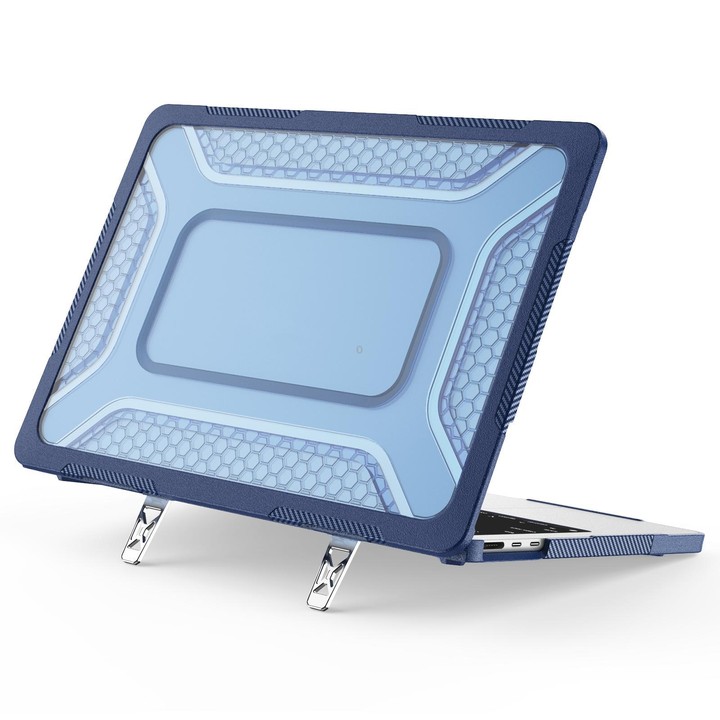 For MacBook Air 13.6 inch 2022/2024/2025/2026 PC Hybrid TPU Honeycomb Metal Stand Laptop Protective Case(Navy Blue)