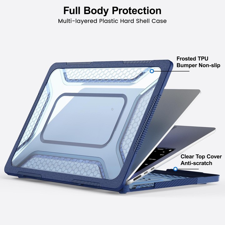 For MacBook Air 13.6 inch 2022/2024/2025/2026 PC Hybrid TPU Honeycomb Metal Stand Laptop Protective Case(Navy Blue)