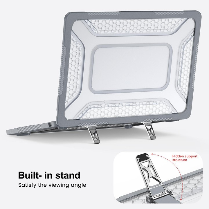 For MacBook Air 13.6 inch 2022/2024/2025/2026 PC Hybrid TPU Honeycomb Metal Stand Laptop Protective Case(Grey)