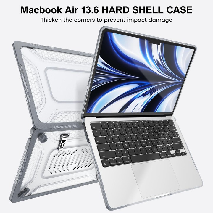 For MacBook Air 13.6 inch 2022/2024/2025/2026 PC Hybrid TPU Honeycomb Metal Stand Laptop Protective Case(Grey)