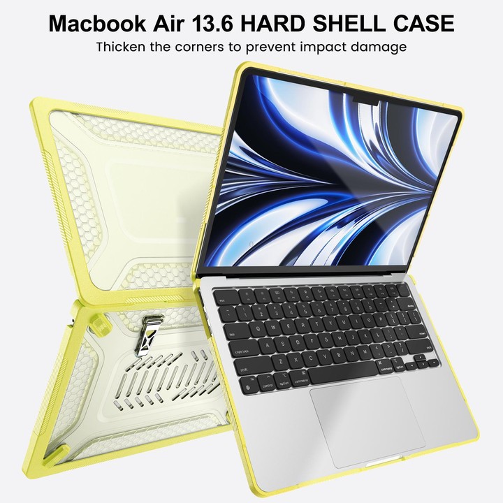 For MacBook Air 13.6 inch 2022/2024/2025/2026 PC Hybrid TPU Honeycomb Metal Stand Laptop Protective Case(Lemon Yellow)