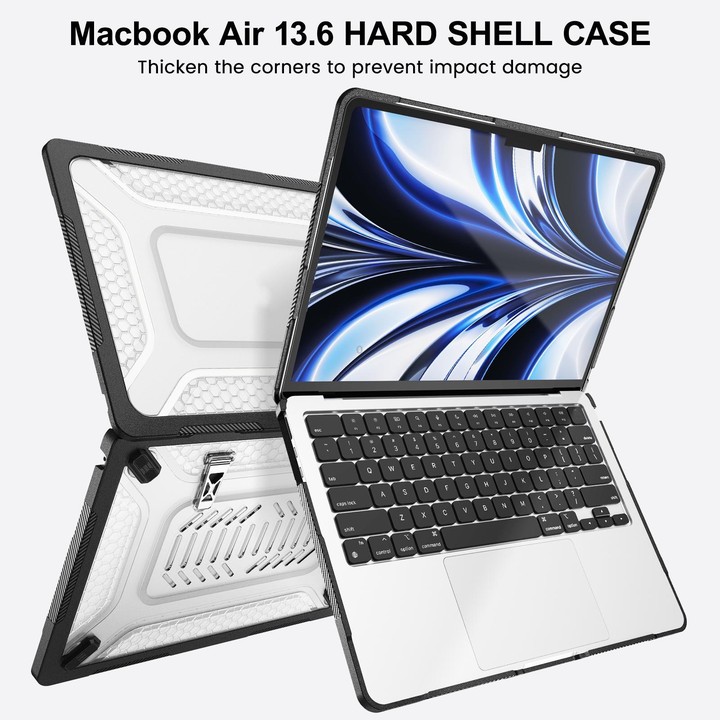 For MacBook Air 13.6 inch 2022/2024/2025/2026 PC Hybrid TPU Honeycomb Metal Stand Laptop Protective Case(Transparent Black)