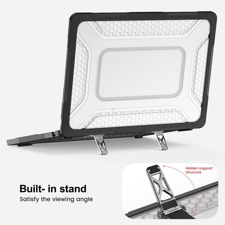 For MacBook Air 13.6 inch 2022/2024/2025/2026 PC Hybrid TPU Honeycomb Metal Stand Laptop Protective Case(Transparent Black)