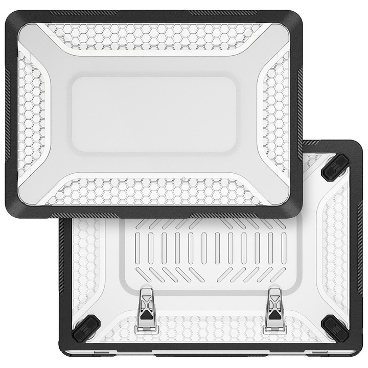 For MacBook Air 13.6 inch 2022/2024/2025/2026 PC Hybrid TPU Honeycomb Metal Stand Laptop Protective Case(Transparent Black)