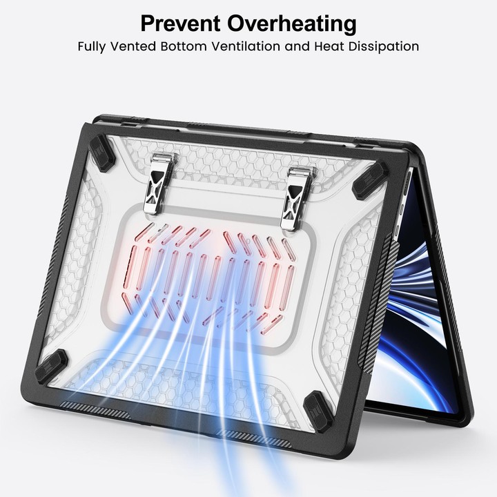 For MacBook Air 13.6 inch 2022/2024/2025/2026 PC Hybrid TPU Honeycomb Metal Stand Laptop Protective Case(Transparent Black)