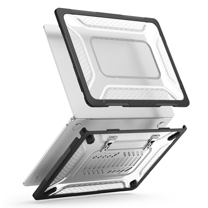For MacBook Air 13.6 inch 2022/2024/2025/2026 PC Hybrid TPU Honeycomb Metal Stand Laptop Protective Case(Transparent Black)
