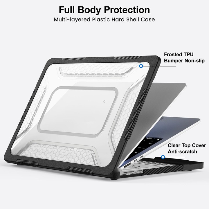 For MacBook Air 13.6 inch 2022/2024/2025/2026 PC Hybrid TPU Honeycomb Metal Stand Laptop Protective Case(Transparent Black)