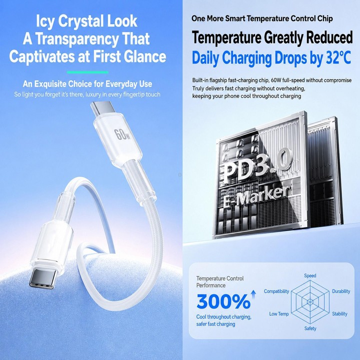 ABEEL A62 PD60W USB-C/Type-C to USB-C/Type-C Fast Charging Braided Data Cable Length: 1m White