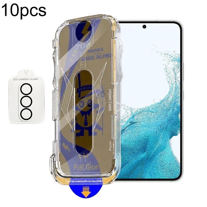 For Galaxy S22+ 5G 10pcs MEIDELE Easy Install Dust-proof Box Privacy Tempered Glass Film with Lens Film, Support Ultrasonic Unlo
