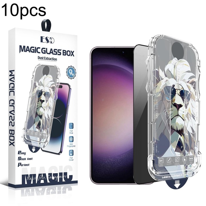 For Galaxy S23 5G 10pcs Easy Install Dust-proof Box Privacy Tempered Glass Film, Support Ultrasonic Unlock