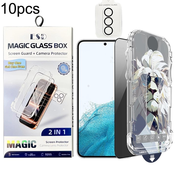 For Galaxy S22 5G 10pcs Easy Install Dust-proof Box Privacy Tempered Glass Film with Lens Film, Support Ultrasonic Unlock