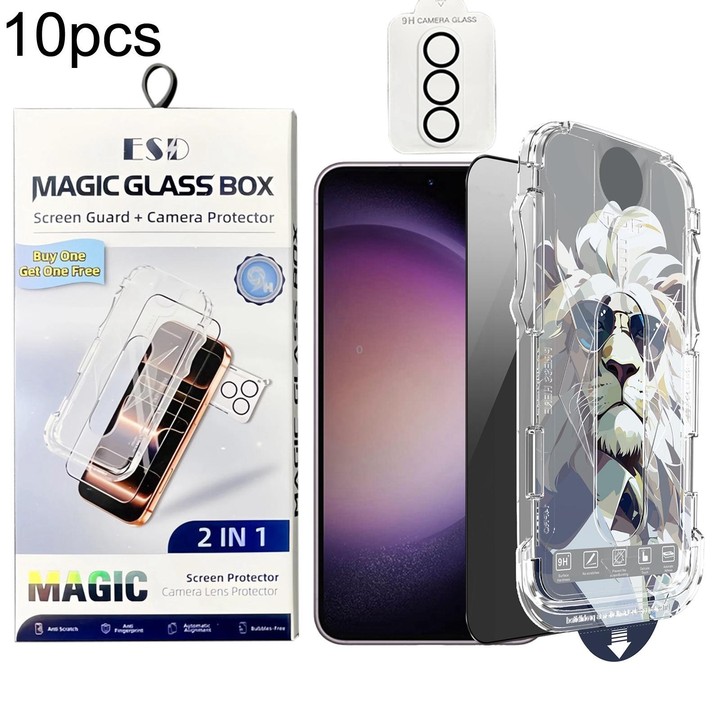 For Galaxy S23+ 5G 10pcs Easy Install Dust-proof Box Privacy Tempered Glass Film with Lens Film, Support Ultrasonic Unlock