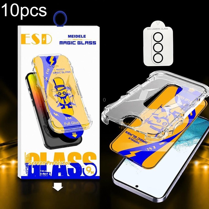 For Galaxy S22 5G 10pcs MEIDELE Easy Install Dust-proof Box HD Tempered Glass Film with Lens Film, Support Ultrasonic Unlock