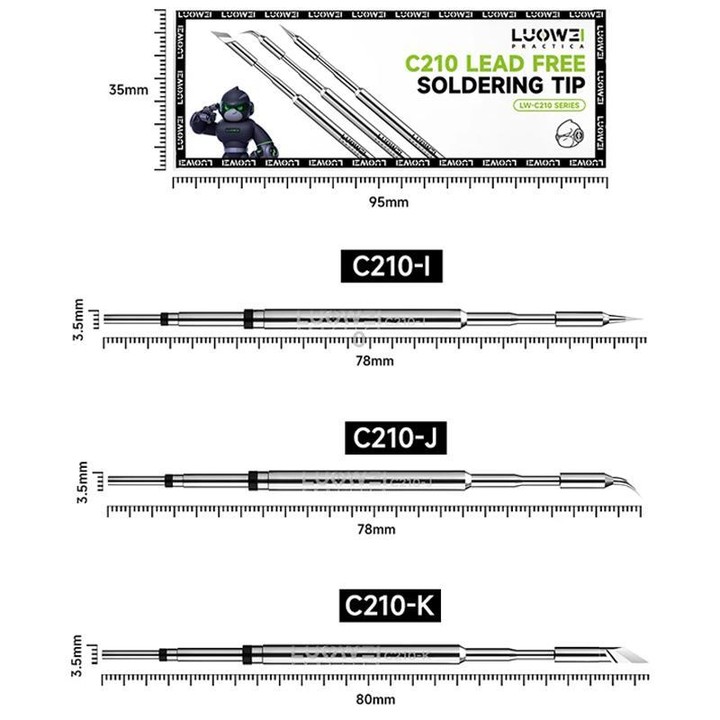 LUOWEI LW-C210 Series Lead Free Soldering Iron Tip for 210 / T26 Series Soldering Station, Model:LW-C210-I