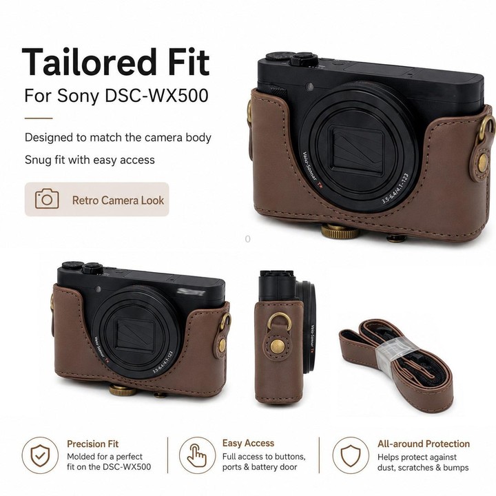 For Sony DSC-WX500 Full Body Retro Vegan Leather Camera Case Bag with Strap(Coffee)