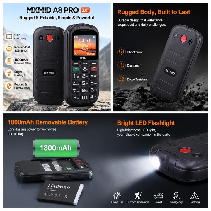 MXMID A8 Pro, 2.0 inch Big Button Rugged Style Senior Phone, SOS, BT, Torch, Network: 2G, Plug:AU Plug(Black)