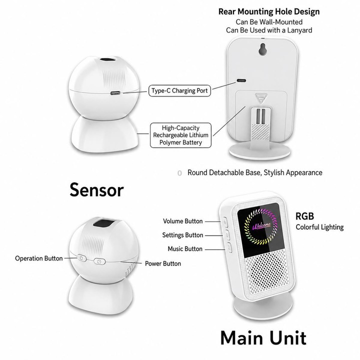 XY-501 Rechargeable Magnetic Sensor Split Welcome Doorbell(1 For 1 White)