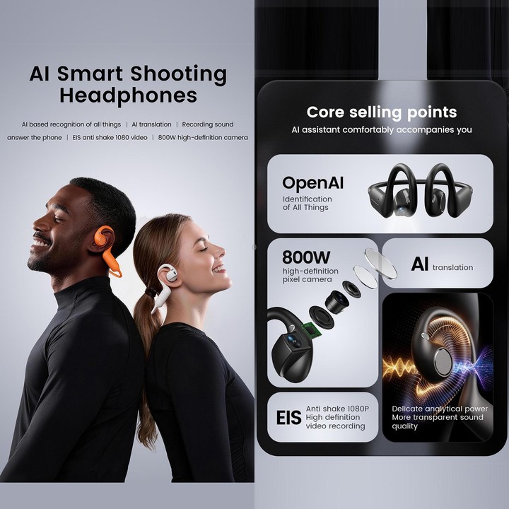 E12 Smart AI Headphones with 8MP HD Camera, Video Recording, Al Smart Voice Assistant(Orange)