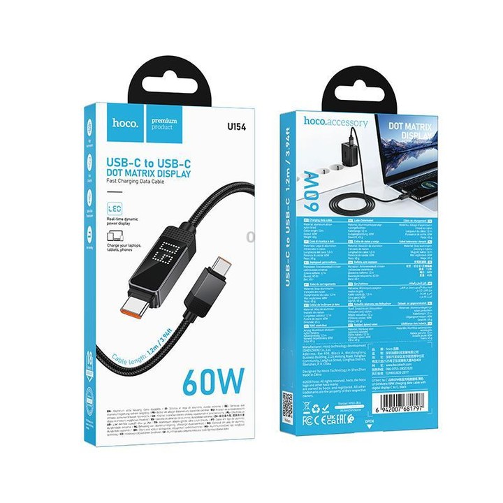 hoco U154 Matrix Type-C to Type-C 60W Digital Display Charging Data Cable, Length:1.2M(Black)