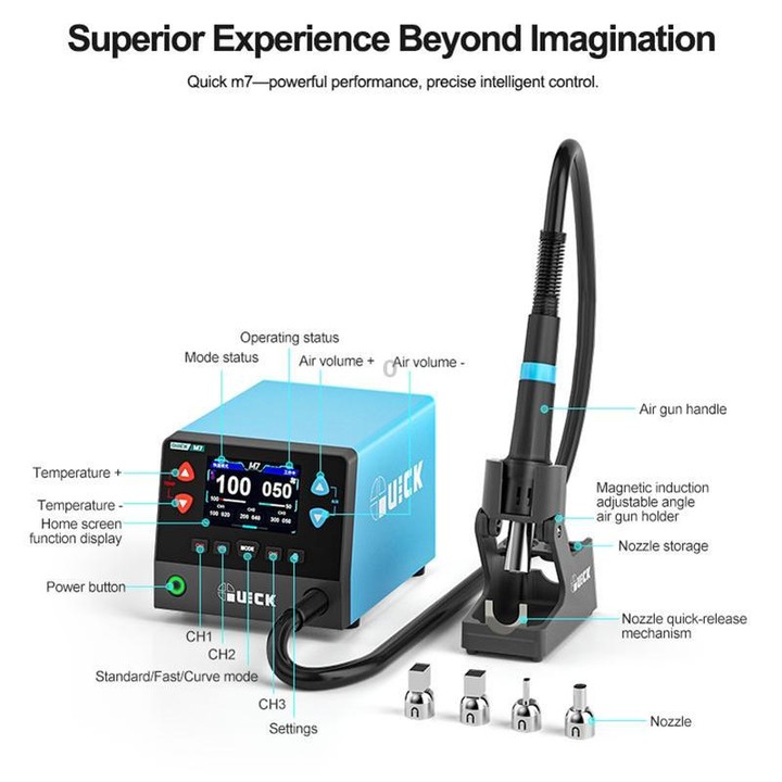 QUICK M7 1000W 9-Channel HD Digital Display Intelligent Hot Air Gun Desoldering Station(AU Plug)