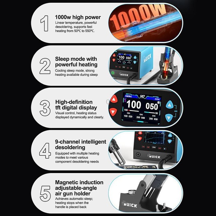 QUICK M7 1000W 9-Channel HD Digital Display Intelligent Hot Air Gun Desoldering Station(US Plug)