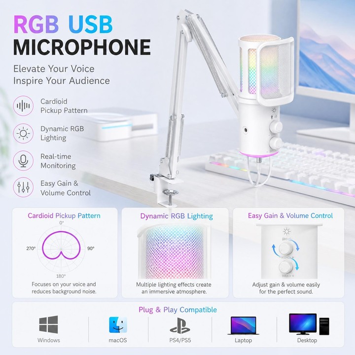 ONIKUMA M530 USB Condenser Microphone RGB Gaming Mic for Streaming(White)