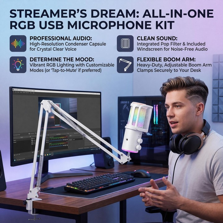 ONIKUMA M530 USB Condenser Microphone RGB Gaming Mic for Streaming(White)