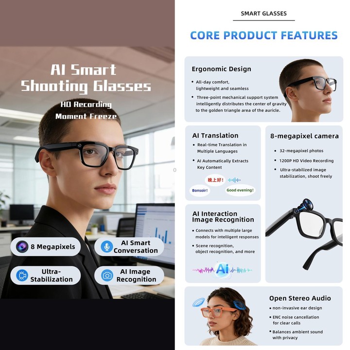 V03 Pro Smart AI Glasses with 8MP HD Camera, Video Recording WiFi Transmission, Al Smart Voice Assistant, Type:Anti Blue Light L