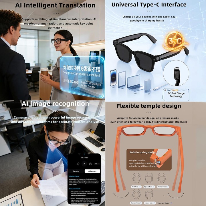 V03 Pro Smart AI Glasses with 8MP HD Camera, Video Recording WiFi Transmission, Al Smart Voice Assistant, Type:Anti Blue Light L