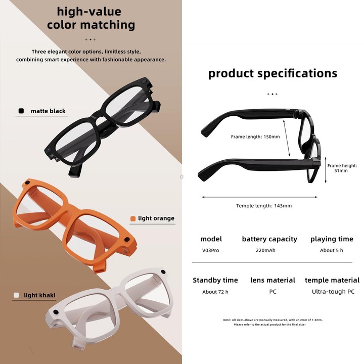 V03 Pro Smart AI Glasses with 8MP HD Camera, Video Recording WiFi Transmission, Al Smart Voice Assistant, Type:Sunglasses(Black)